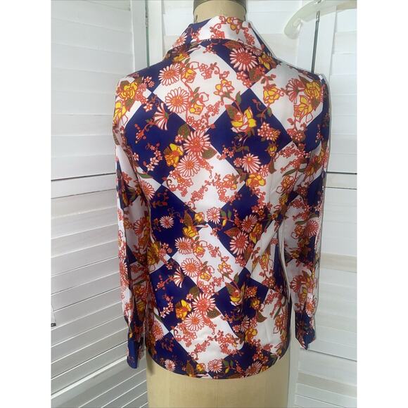 Vintage 70s Lady Arrow Long Sleeve Button Down Floral Poly Blouse Disco Medium - Picture 3 of 8